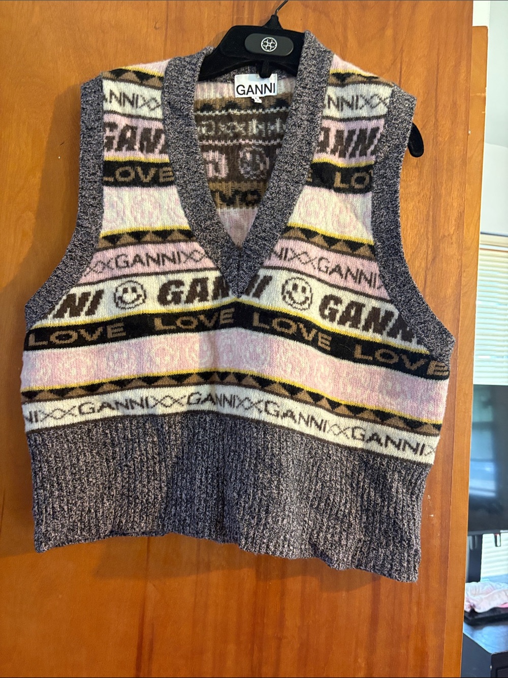 Ganni Pink Brown Patterned V-Neck Sweater Vest